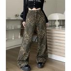 ジーンズ デニム デニムパンツ ヒョウ柄ワイドデニムパンツ レディース