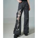 ジーンズ デニム デニムパンツ フリンジダメージ加工パッチポケットデニムパンツ レディース