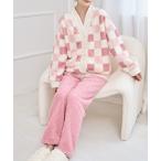 パジャマ ルームウェア 配色 チェック Vネック フリース ルームウエア レディース