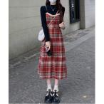 ワンピース チェック柄スイッチングロングキャミワンピース