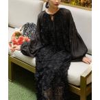 ドレス 「forksy.」「オケージョン対応」フラワーモチーフシアーバルーンスリーブワンピース