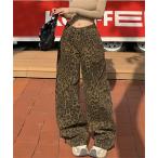 ジーンズ デニム デニムパンツ ヒョウ柄ワイドデニムパンツ レディース