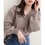 ニット 配色使いパール付きボウタイニット レディース