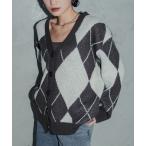 ショッピングアーガイル カーディガン アーガイル柄Vネックニットカーディガン レディース