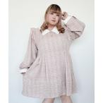 ワンピース 配色角襟フリルタック長袖ワンピース