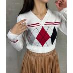 ニット セーター アーガイルハイウエストVネックロングスリーブニット レディース