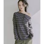tシャツ ムードオフショルダーボタンストライプルーズフィットカットソー レディース メンズ