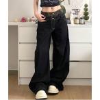 ジーンズ デニム デニムパンツ ダブルウエスト レオパード柄 ワイドデニムパンツ フェイクレイヤード レディース