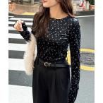 tシャツ 小花柄ベロアトップス レディース