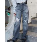 ジーンズ デニム デニムパンツ ランダムダメージセミワイドデニムパンツ レディース