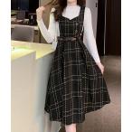ワンピース Y2K チェック柄スイッチングロングキャミワンピース
