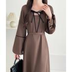 ワンピース 配色リボンパイピングボリュウーム袖Aラインワンピース