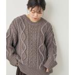 ニット セーター 配色ラインゆるケーブルニット レディース
