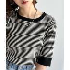 tシャツ 大人可愛いの新定番。袖リンガーボートネック胸刺繍ボーダーTシャツ(半袖) レディース
