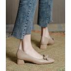 パンプス レザー調 クロスリボン チャンキー ローヒール パンプス