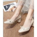 パンプス パール ライン チャンキー ハイヒール パンプス