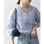 ブラウス シャツ SHIPS any_「手洗い可能」ストライプ フリル Vネック シャツ ブラウス レディース