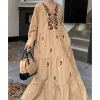 ワンピース フロント刺繍ティアードオーバーマキシワンピース