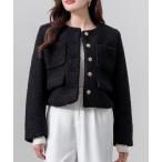 ジャケット ノーカラージャケット 「クロップド丈」金釦に熱視線。長袖ツイード風ノーカラーボアジャケット レディース