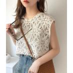 tシャツ レトロ感漂うトレンド♪前後2WAYクロシェレースフレンチスリーブカットソー レディース