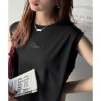 tシャツ 接触冷感♪大人カジュアルを格上げ!胸元ワンポイント刺繍ノースリーブトップ レディース