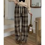 パンツ カジュアルチェック柄裏起毛ストレートパンツ レディース