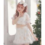 ショッピングスパンコール コスプレ サンタコス 3点set クロスネックリボンへそ出しセパレートフレアスカートふわもこスパンコールスノウサンタコスプレドレス