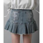 デニムスカート バックラインストーン デニムプリーツミニスカート