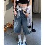 ジーンズ デニム デニムパンツ レースプリントデニムルーズハーフパンツ レディース