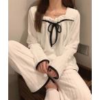 パジャマ ルームウェア リボン付き リブ フリース ルームウェア セットアップ レディース