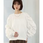 tシャツ シャーリングボリュームスリーブ異素材MIXプルオーバー レディース