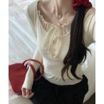 tシャツ フェイクレイヤード ヘンリーネックリボン付きレース ロンT レディース