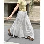 スカート フラワー刺繍コットンレースティアードスカート