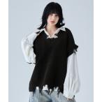 ベスト ジレ 「VELNUS」Loose silhouette melange V-neck damaged knit vest/ルーズシルエットメラ