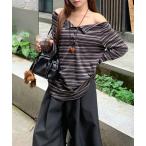 tシャツ ボーダーボタンシャーリングオフショルTシャツ レディース