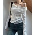 tシャツ 異素材ドッキング　サイドギャザーレーストップス レディース