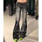 ジーンズ デニム デニムパンツ 「 MEMECLE / メメクル 」ヴィンテージライク バタフライ刺繍 スリムフレアデニム レディース