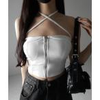キャミソール 「 カップ付 」ジップアップクロスストラップリボンベアトップス ／ zip up cross strap ribbon bare top