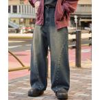 ジーンズ カーブスタッズヴィンテージ加工ワイドデニムパンツ メンズ レディース