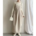 ジャンパースカート ハイウエストタックコクーンロングジャンパースカートワンピース