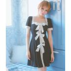 ワンピース 韓国ファッション ワンピース 半袖 スクエアネック パイピング サテンリボン モノトーン フレア ミニ キャバドレス (Sサイズ〜Lサイズ