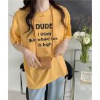 tシャツ 英字ロゴプリント半袖Tシャツスリット入り レディース