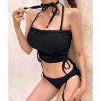 水着 ホルターネック裾シャーリングビキニ レディース