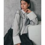 ブラウス シャツ ストライプ柄チュール被せショート丈シャツ レディース