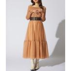 ワンピース オフショルダーチュールドッキングワンピース 春服