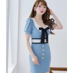 ワンピース 韓国ファッション ワンピース ネックリボン 襟付き 半袖 パフスリーブ フロントボタン ストレッチ タイト ミニ キャバドレス (Sサイズ