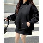 パーカー アウターの下に着てもラインストーンがワンポイントに　メタルビーズ付きスウェットパーカー レディース