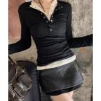 tシャツ ダブルレイヤード ボタンアップ トップス  韓国 ストリート Y2K 古着風 ヘンリーネック 長袖 Tシャツ ロンT レディース メンズ