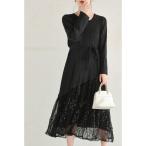 ショッピングスパンコール ワンピース （黒）華やかなスパンコール煌めく切り替えプリーツワンピース（リボン付き）