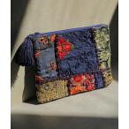 ポーチ 刺繍 サリーパッチワーク フリンジ フラット ポーチ インド レディース